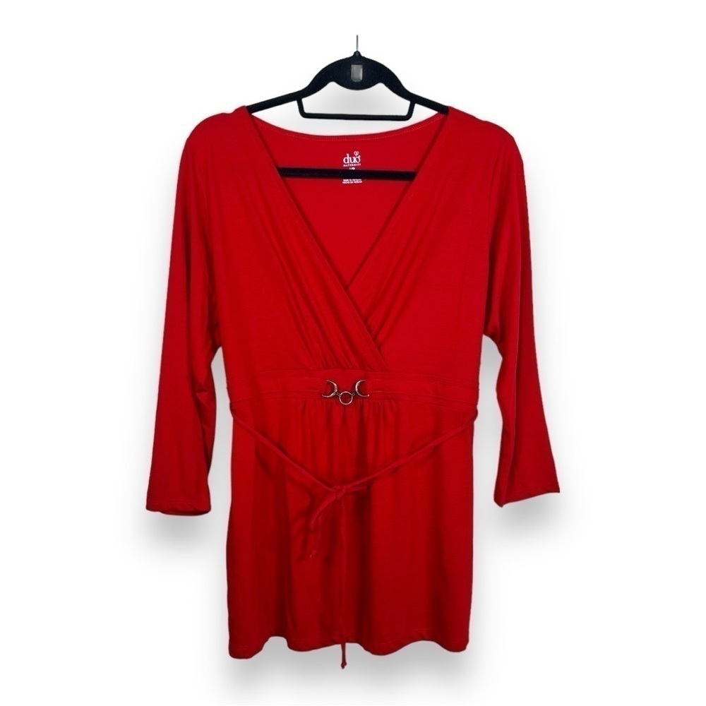 NEW LARGE MATERNITY DUO RED BLOUSE  BELT TIE ACCENT STRETCH  NWT